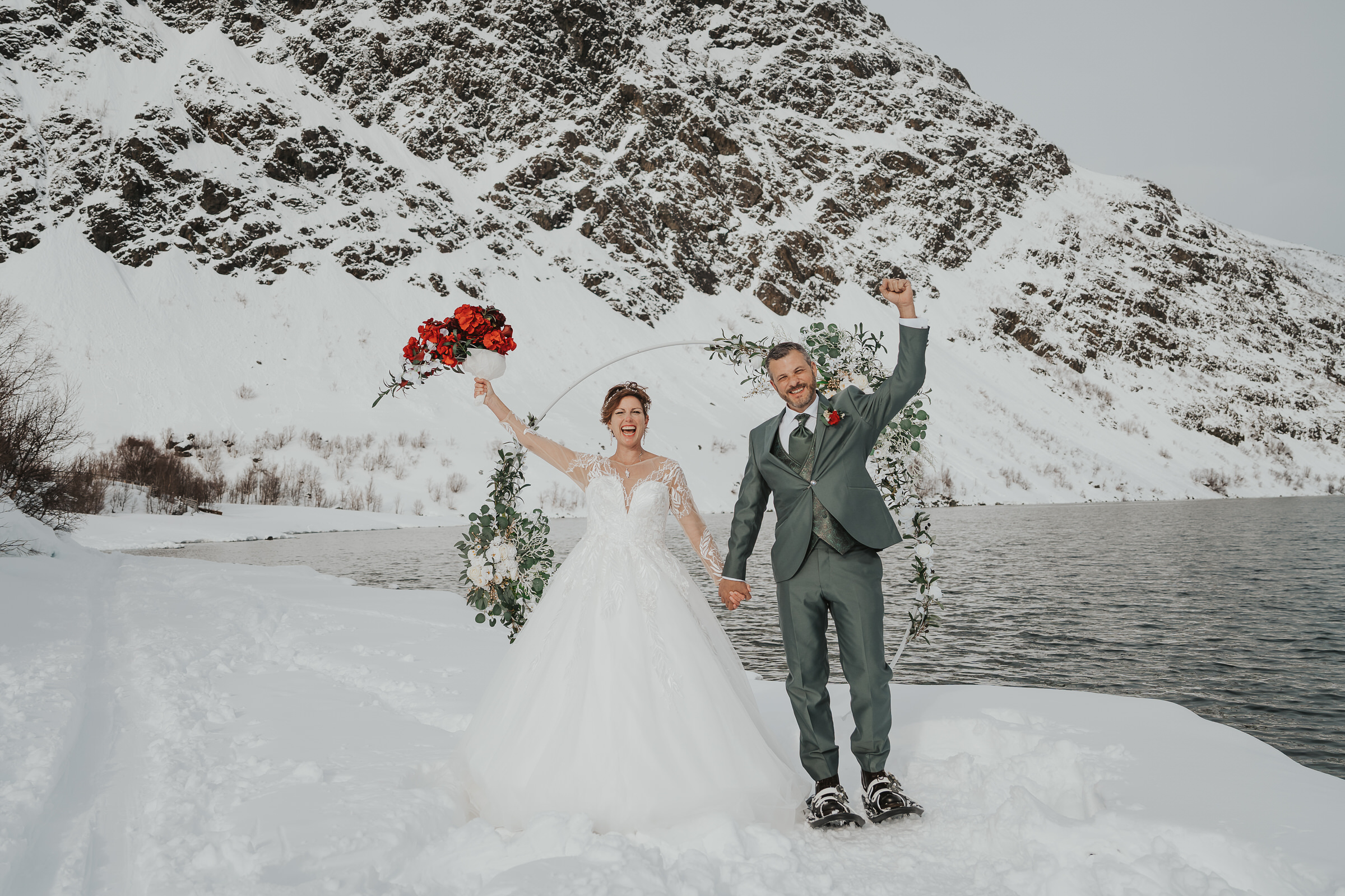Winter wedding ceremony overlooking Lyngen Alps, Norway